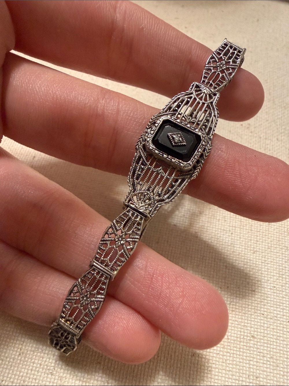 Vintage Antique Sterling Silver Filigree Bracelet W/Diamond & Black Dial 7.5’